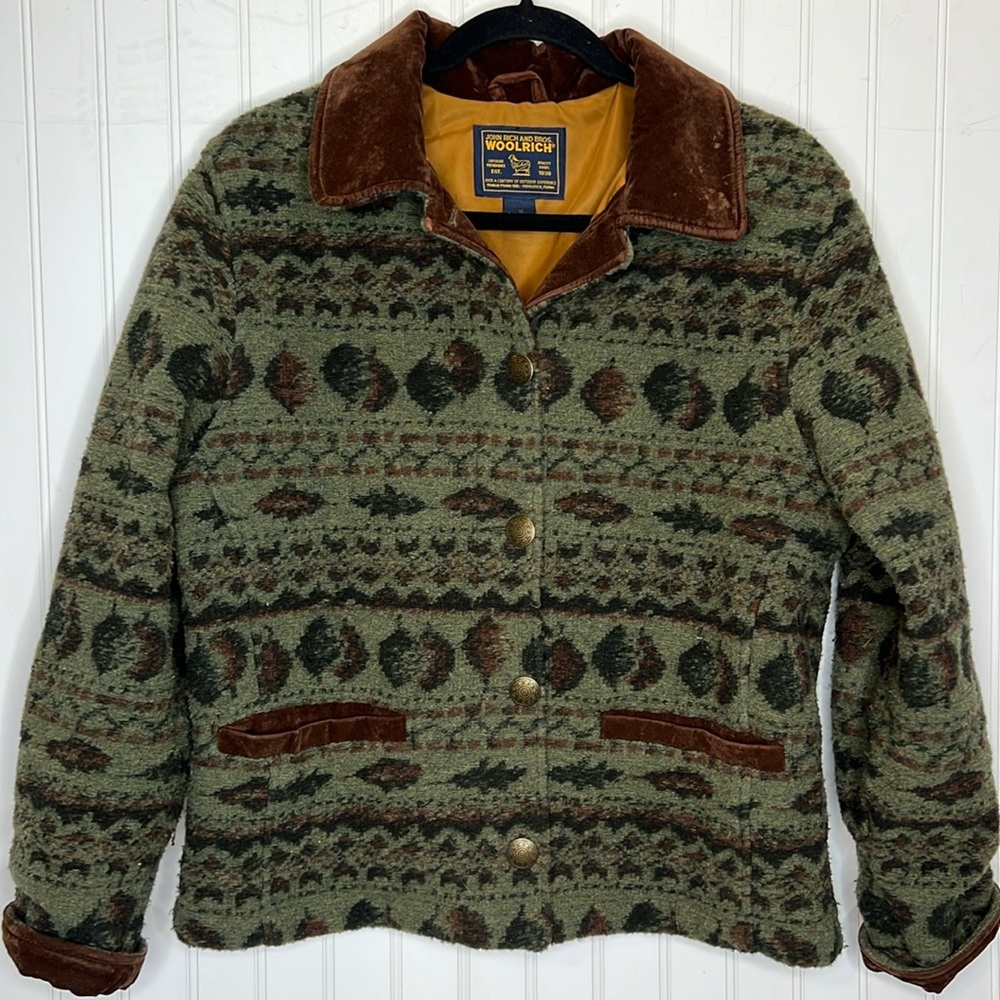 Vintage Woolrich Green Aztec Wool Blend Button Up Jacket Size Medium